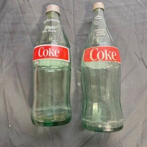 Set of 2 Vintage/Rare Coke Bottles 33.8 fl oz and 32 fl oz Green Glass with Caps